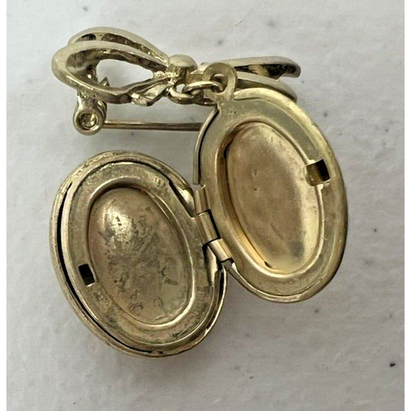 Vintage FAF‎ Pale Gold Tone & Crystal Bow & Grandma Picture Locket Brooch - Picture 4 of 4
